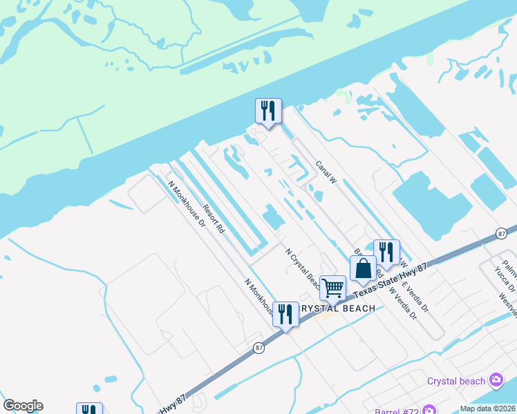 map of restaurants, bars, coffee shops, grocery stores, and more near 1220 North Crystal Beach Road in Bolivar Peninsula