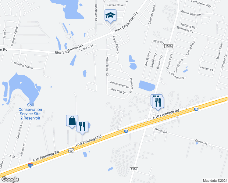 map of restaurants, bars, coffee shops, grocery stores, and more near 8426 Sea Rim Drive in Converse