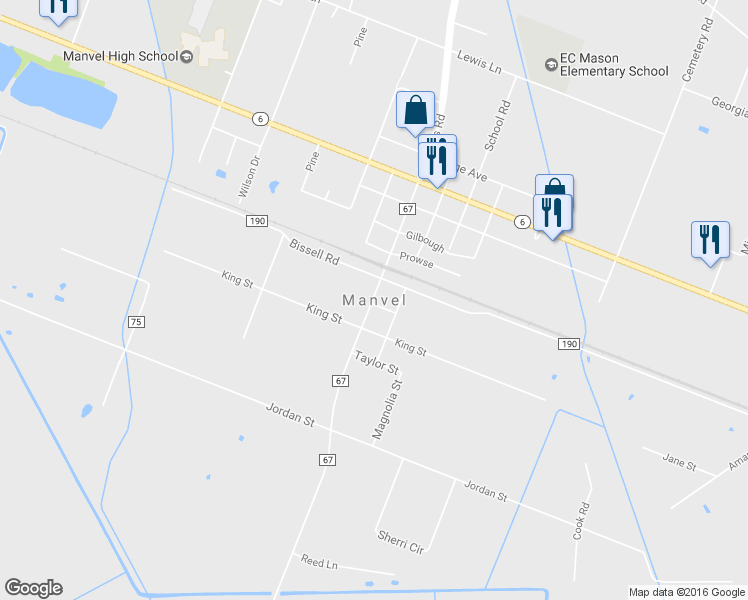 map of restaurants, bars, coffee shops, grocery stores, and more near 8285 Masters Road in Manvel
