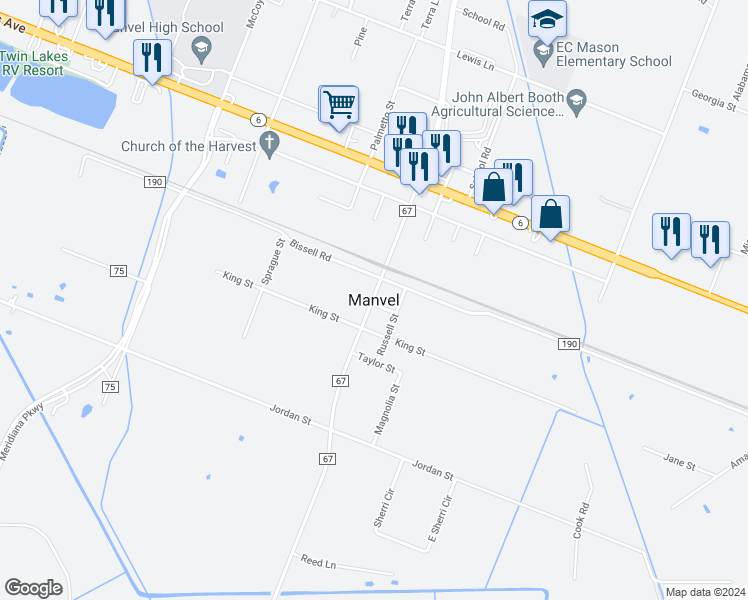 map of restaurants, bars, coffee shops, grocery stores, and more near in Manvel
