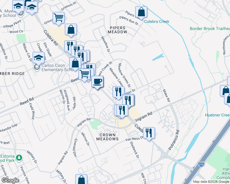 map of restaurants, bars, coffee shops, grocery stores, and more near 7771 Joe Newton Street in San Antonio