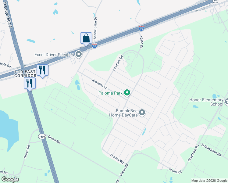 map of restaurants, bars, coffee shops, grocery stores, and more near 10703 Rosalina Loop in Converse