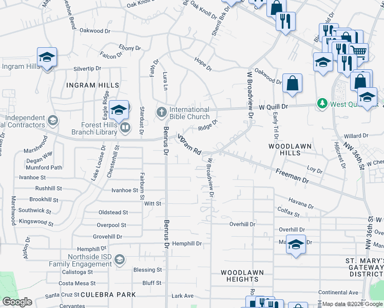 map of restaurants, bars, coffee shops, grocery stores, and more near 4910 Ingram Road in San Antonio