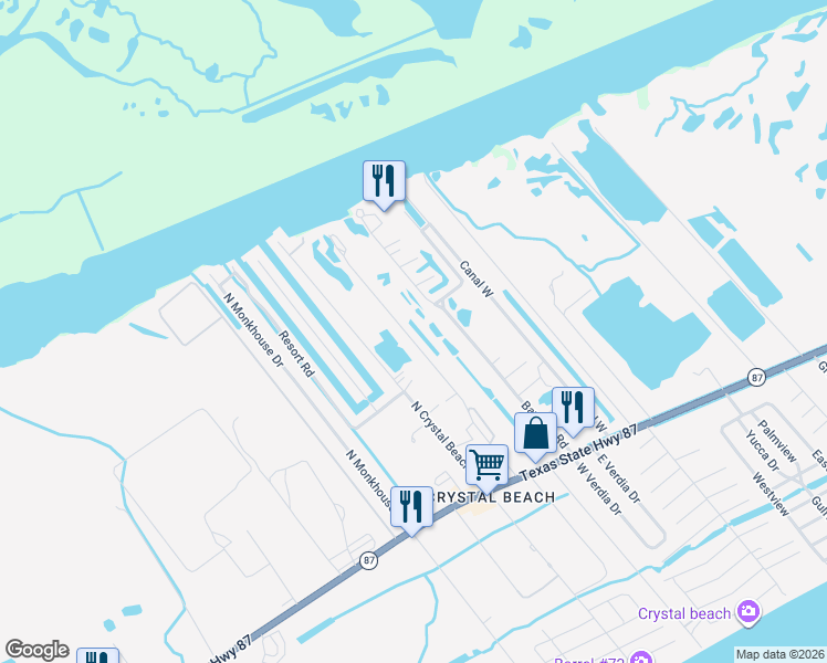 map of restaurants, bars, coffee shops, grocery stores, and more near 1179 Diamond Road in Bolivar Peninsula