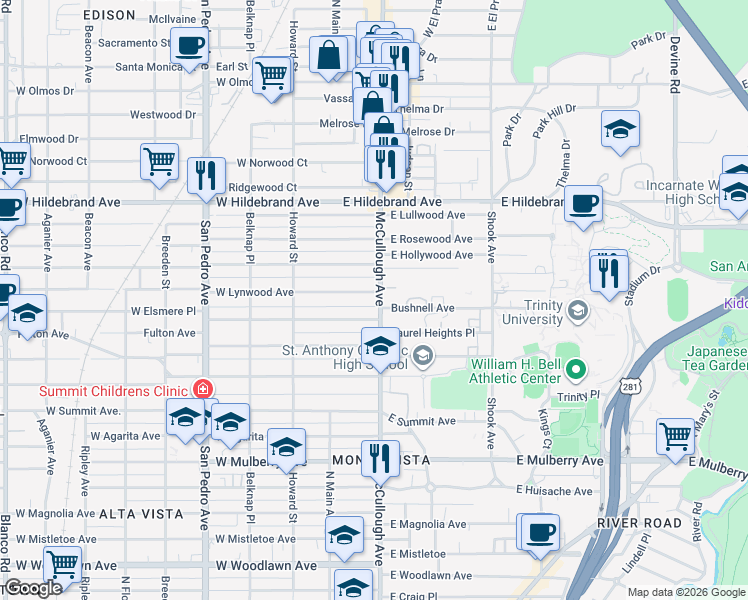 map of restaurants, bars, coffee shops, grocery stores, and more near 3602 McCullough Avenue in San Antonio