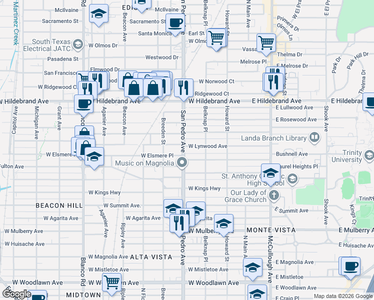 map of restaurants, bars, coffee shops, grocery stores, and more near 334 West Lynwood Avenue in San Antonio
