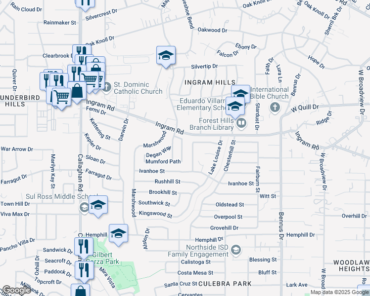 map of restaurants, bars, coffee shops, grocery stores, and more near 2714 Telder Path in San Antonio