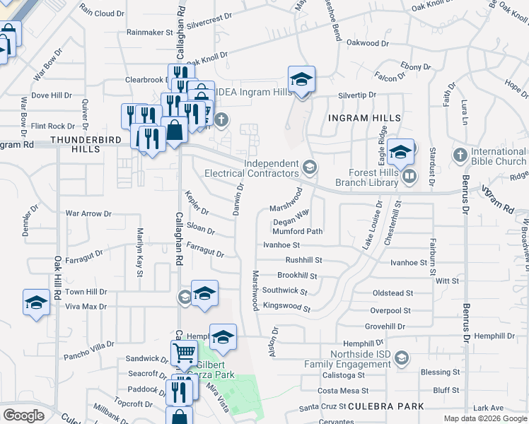 map of restaurants, bars, coffee shops, grocery stores, and more near 2703 Wheatfield Drive in San Antonio