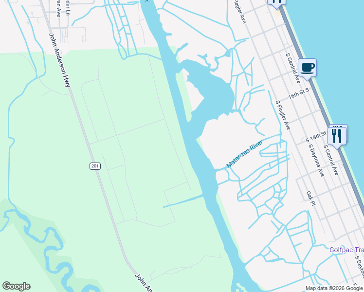 map of restaurants, bars, coffee shops, grocery stores, and more near 2543 County Road 201 in Flagler Beach