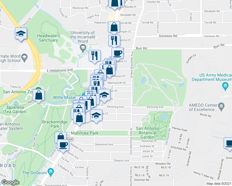 map of restaurants, bars, coffee shops, grocery stores, and more near 306 Thorman Pl in San Antonio
