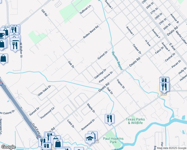 map of restaurants, bars, coffee shops, grocery stores, and more near 2805 Woodlawn Street in Dickinson
