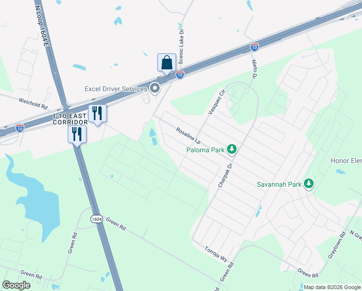 map of restaurants, bars, coffee shops, grocery stores, and more near 10434 Rosalina Loop in Converse
