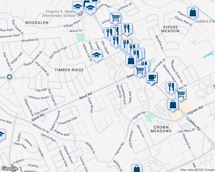 map of restaurants, bars, coffee shops, grocery stores, and more near 7951 Ruby Meadow in San Antonio