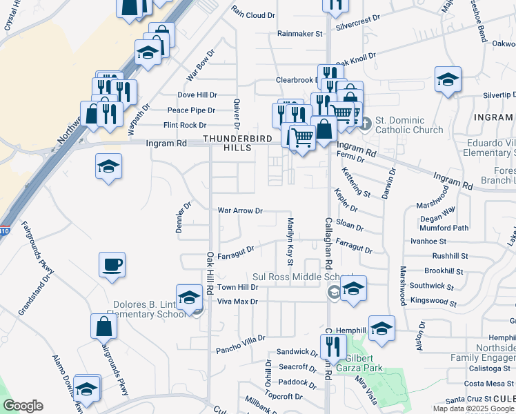 map of restaurants, bars, coffee shops, grocery stores, and more near 2719 War Arrow in San Antonio