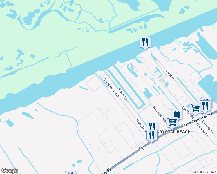 map of restaurants, bars, coffee shops, grocery stores, and more near 1270 North Monkhouse Drive in Bolivar Peninsula