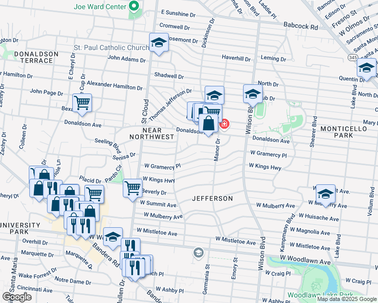 map of restaurants, bars, coffee shops, grocery stores, and more near 238 Senisa Drive in San Antonio