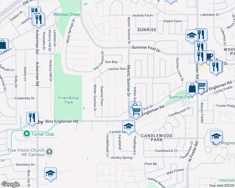 map of restaurants, bars, coffee shops, grocery stores, and more near 4059 Fire Sun in San Antonio