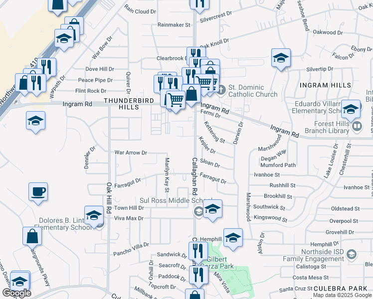 map of restaurants, bars, coffee shops, grocery stores, and more near 4015 Callaghan Road in San Antonio