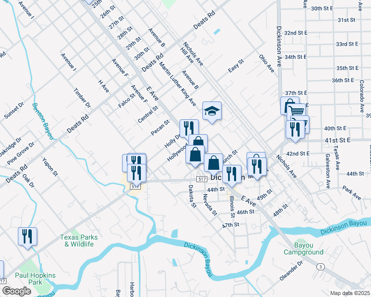 map of restaurants, bars, coffee shops, grocery stores, and more near 2603 Hollywood in Dickinson