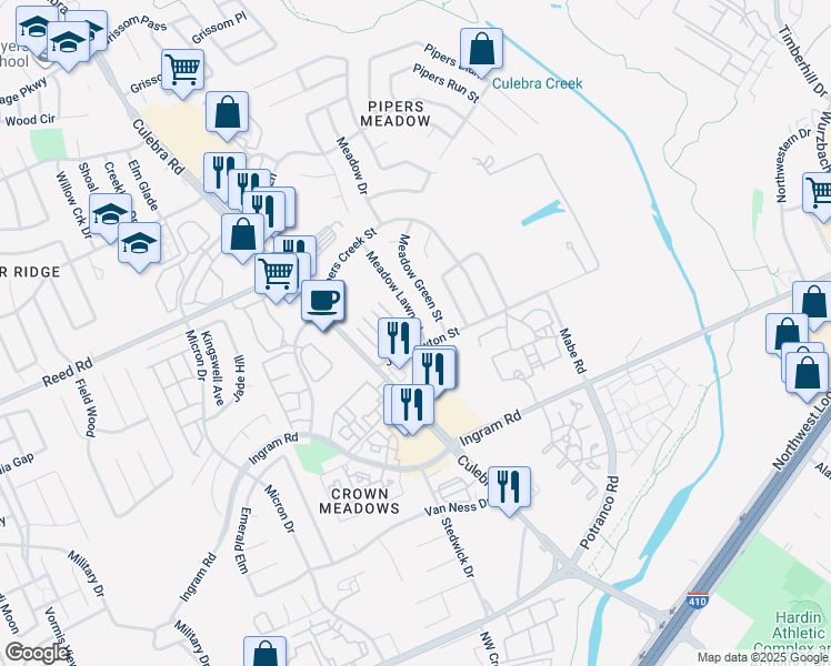 map of restaurants, bars, coffee shops, grocery stores, and more near 7510 Meadow Lawn Street in San Antonio