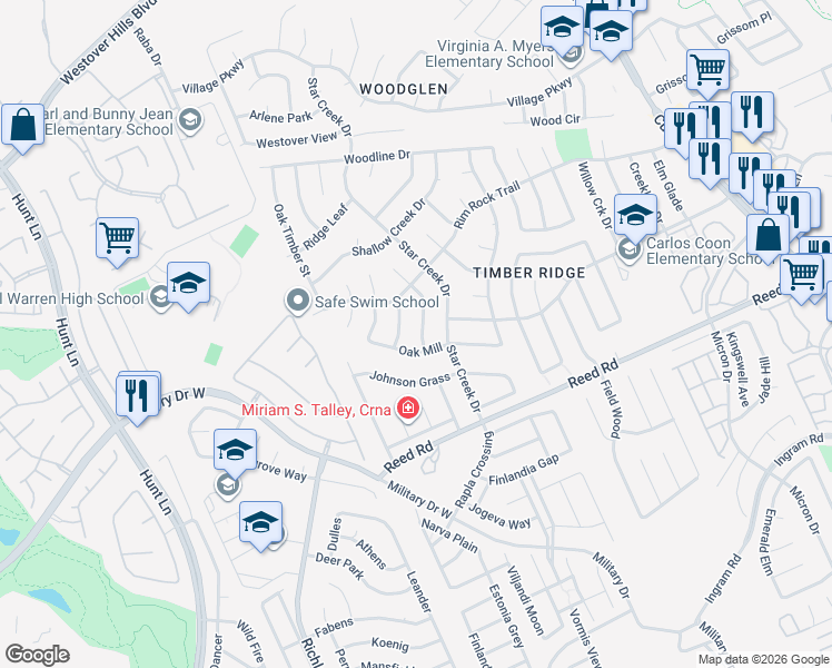 map of restaurants, bars, coffee shops, grocery stores, and more near 8414 Oak Post Street in San Antonio