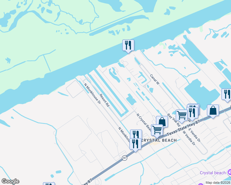map of restaurants, bars, coffee shops, grocery stores, and more near 1247 North Crystal Beach Road in Bolivar Peninsula