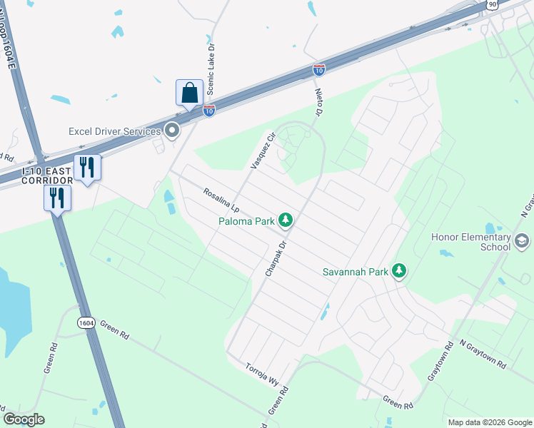 map of restaurants, bars, coffee shops, grocery stores, and more near 10606 Francisco Way in Converse