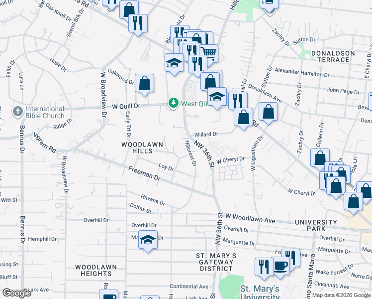 map of restaurants, bars, coffee shops, grocery stores, and more near 1311 Hillcrest Drive in San Antonio