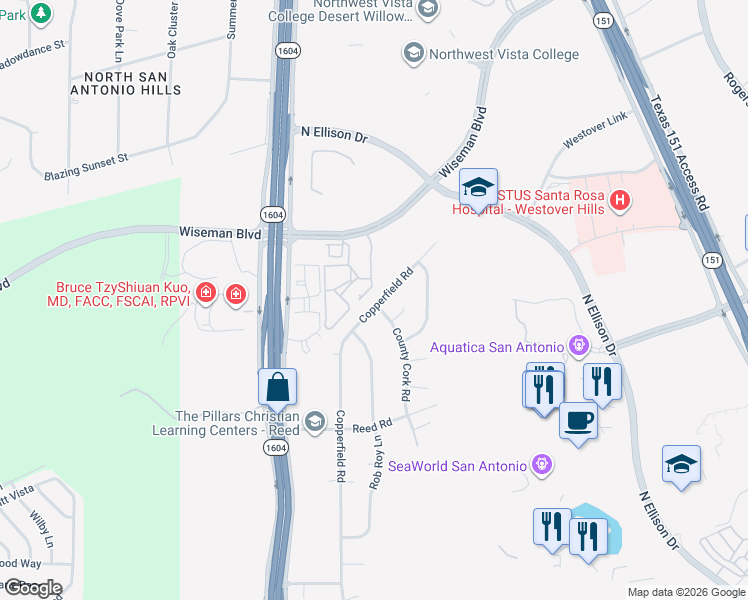 map of restaurants, bars, coffee shops, grocery stores, and more near 1819 Copperfield Road in San Antonio