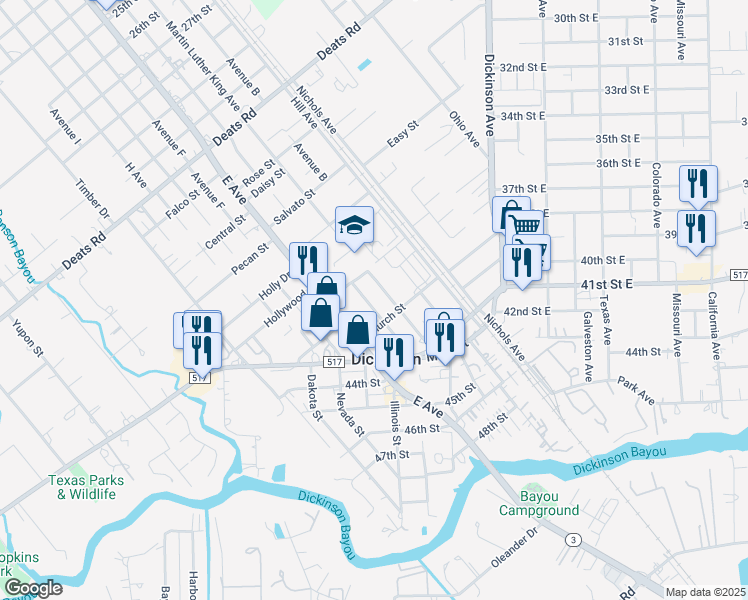 map of restaurants, bars, coffee shops, grocery stores, and more near 3923 Liggio Street in Dickinson