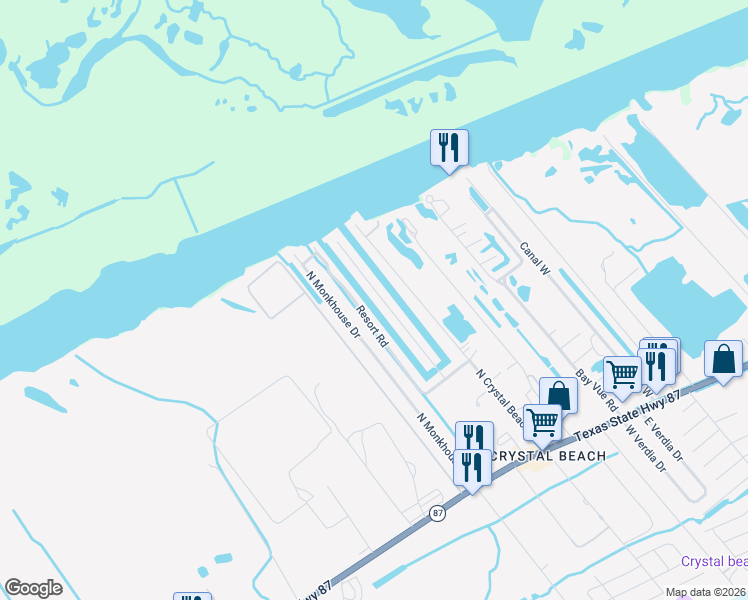 map of restaurants, bars, coffee shops, grocery stores, and more near 1253 Island Boulevard in Bolivar Peninsula