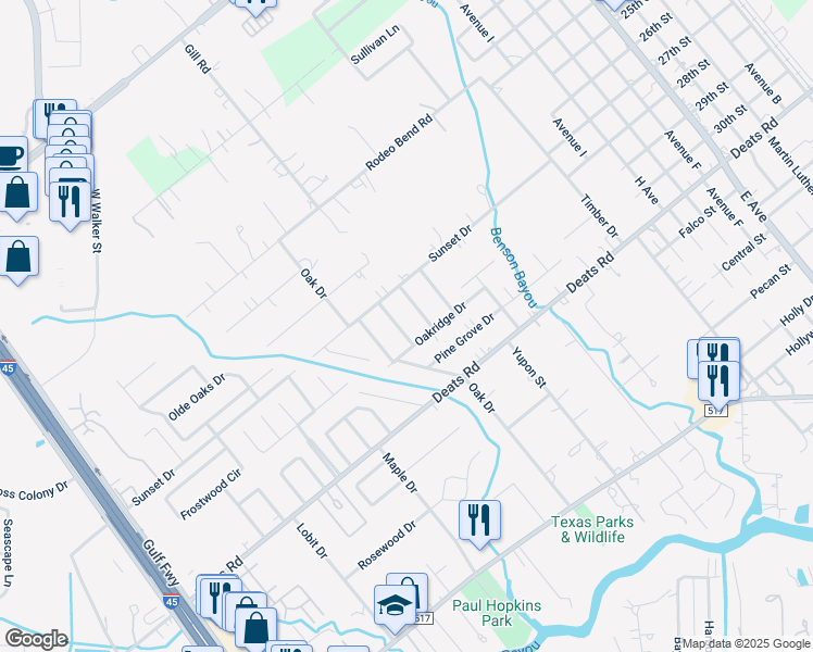map of restaurants, bars, coffee shops, grocery stores, and more near 2805 Woodlawn Street in Dickinson