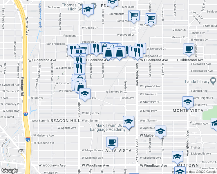 map of restaurants, bars, coffee shops, grocery stores, and more near 622 West Lynwood Avenue in San Antonio