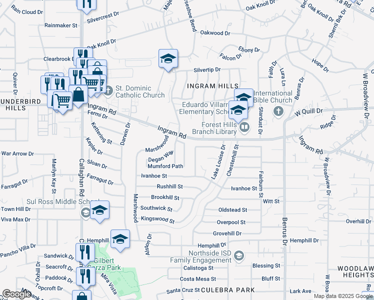 map of restaurants, bars, coffee shops, grocery stores, and more near 2714 Telder Path in San Antonio