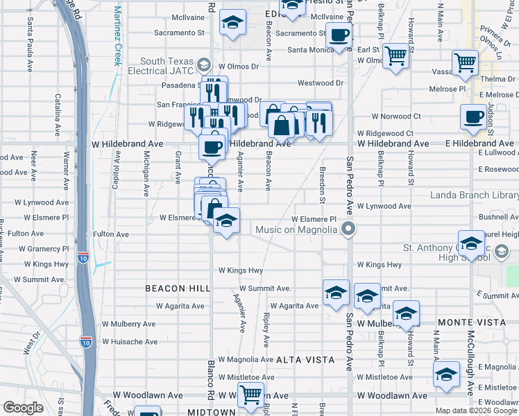 map of restaurants, bars, coffee shops, grocery stores, and more near 716 West Lynwood Avenue in San Antonio