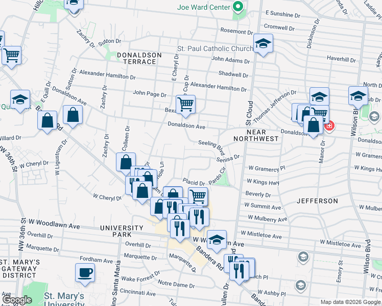 map of restaurants, bars, coffee shops, grocery stores, and more near 547 Senisa Drive in San Antonio