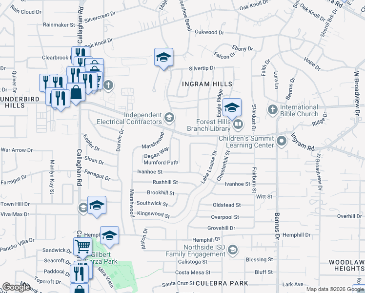 map of restaurants, bars, coffee shops, grocery stores, and more near 2714 Telder Path in San Antonio