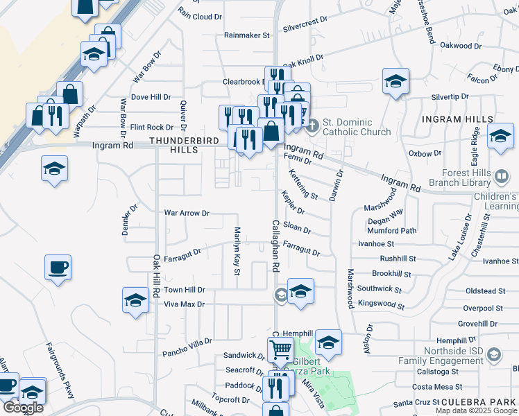 map of restaurants, bars, coffee shops, grocery stores, and more near 4015 Callaghan Road in San Antonio