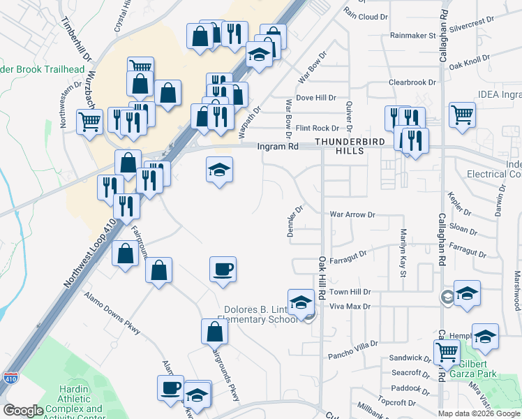 map of restaurants, bars, coffee shops, grocery stores, and more near 2903 War Feather in San Antonio
