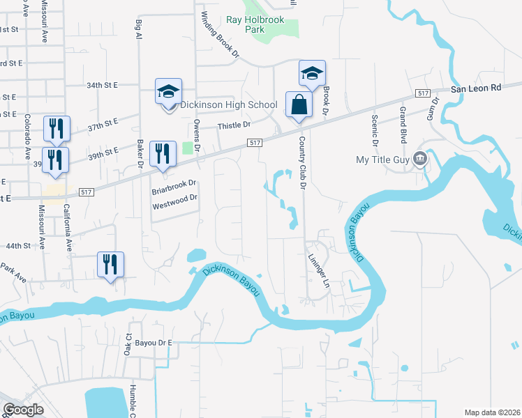 map of restaurants, bars, coffee shops, grocery stores, and more near 4214 Leslie's Way in Dickinson
