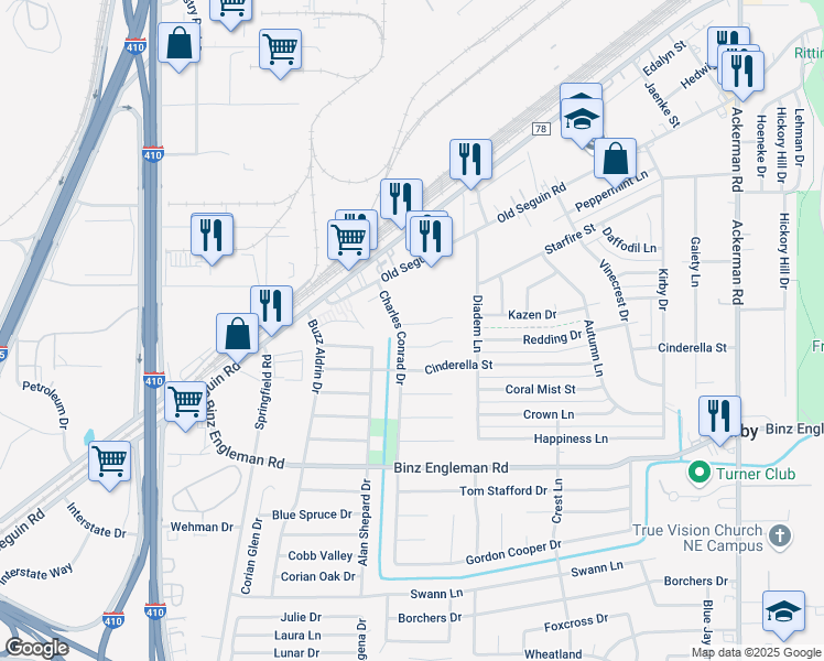map of restaurants, bars, coffee shops, grocery stores, and more near 5010 Gene Cernan Drive in San Antonio