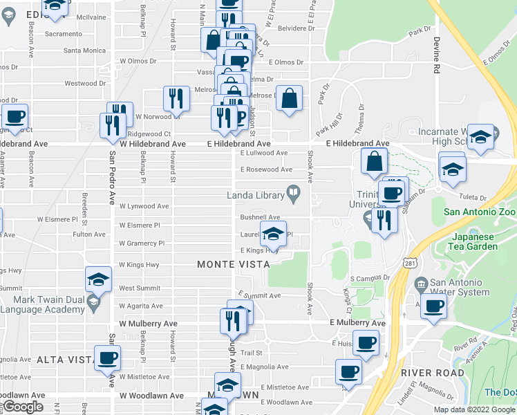 map of restaurants, bars, coffee shops, grocery stores, and more near 155 Bushnell Avenue in San Antonio