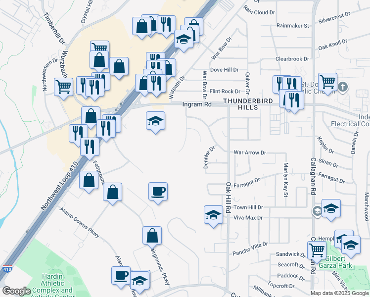 map of restaurants, bars, coffee shops, grocery stores, and more near 2903 War Feather in San Antonio