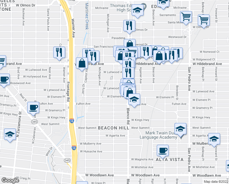 map of restaurants, bars, coffee shops, grocery stores, and more near 1610 Grant Avenue in San Antonio