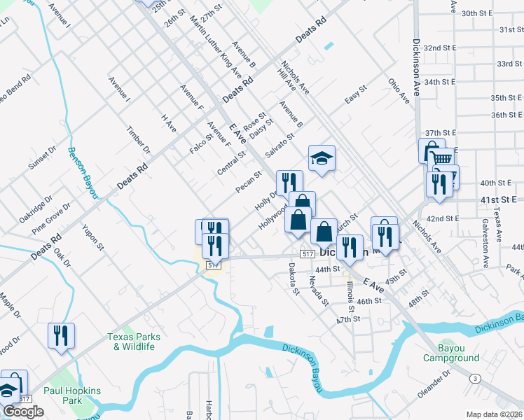 map of restaurants, bars, coffee shops, grocery stores, and more near 3705 Venze Street in Dickinson