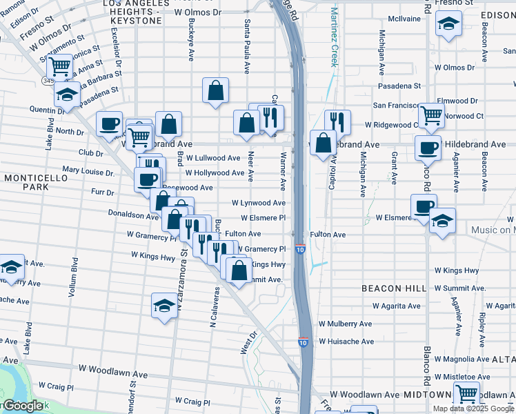 map of restaurants, bars, coffee shops, grocery stores, and more near 1338 West Lynwood Avenue in San Antonio