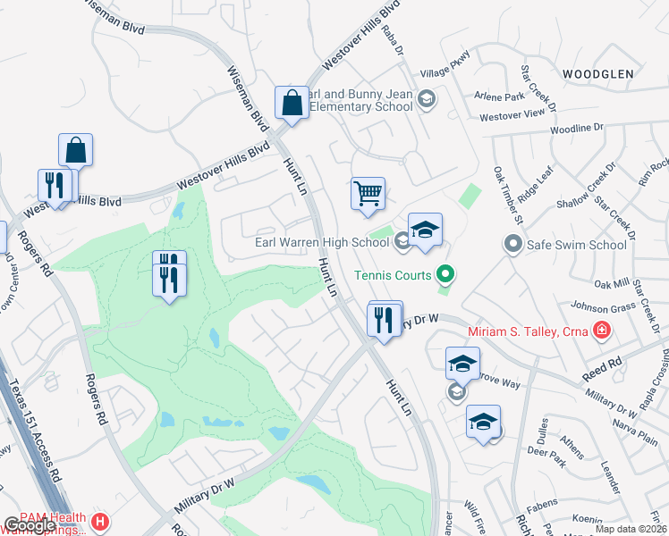map of restaurants, bars, coffee shops, grocery stores, and more near 2630 Lakehills Street in San Antonio