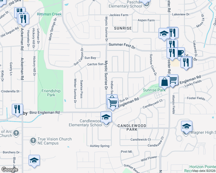 map of restaurants, bars, coffee shops, grocery stores, and more near 4036 Mystic Sunrise Drive in San Antonio