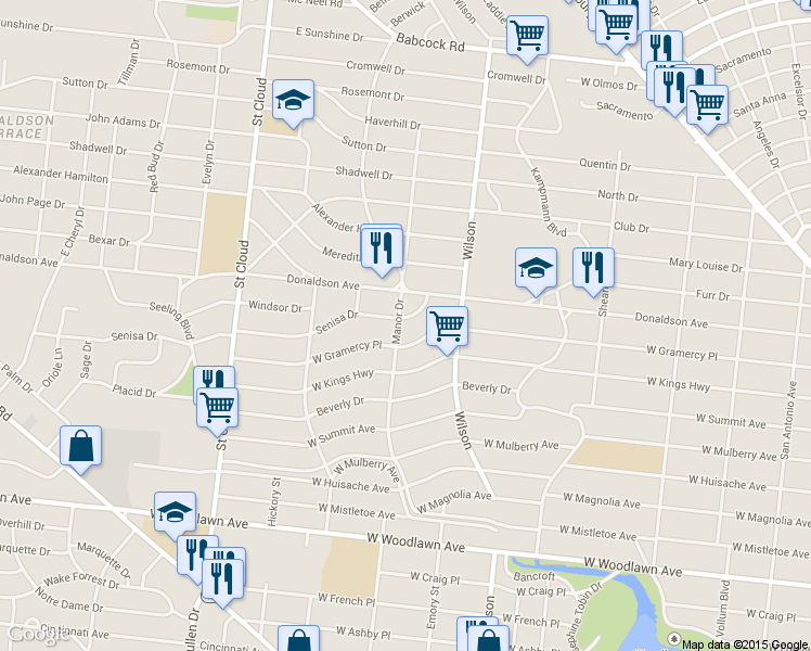 map of restaurants, bars, coffee shops, grocery stores, and more near 140 Senisa Dr in San Antonio