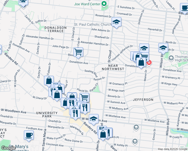 map of restaurants, bars, coffee shops, grocery stores, and more near 212 Seeling Boulevard in San Antonio